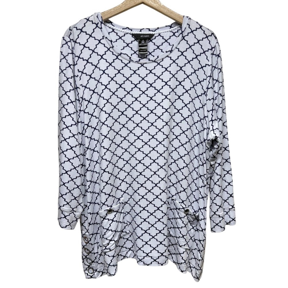 Ali Miles Women Top 1X White Black Geometric Lagenlook Pocket‎ Artsy Long Sleeve